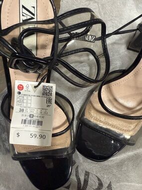 Zara Black Patent Strappy Heeled Sandals with Clear Panels